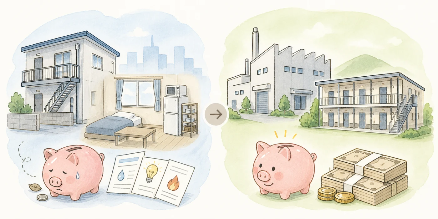 今の生活から、工場と寮で働いて貯金を増やす生活への比較