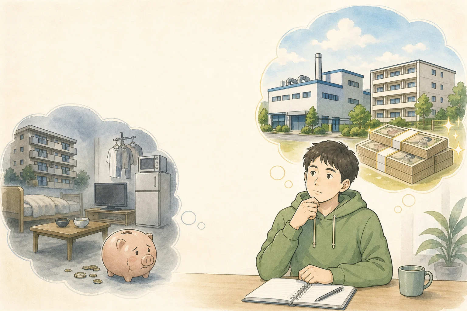 今の生活と、工場・寮で働いて貯金を増やす将来を見比べる男性