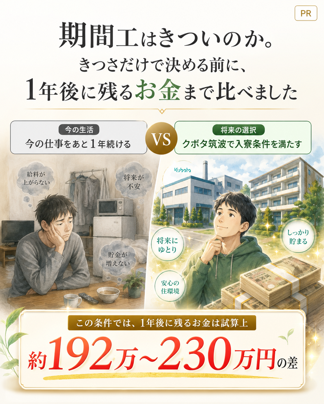 今の生活を続ける場合と、クボタ筑波で入寮条件を満たして働く場合の1年後のお金を比較する図解